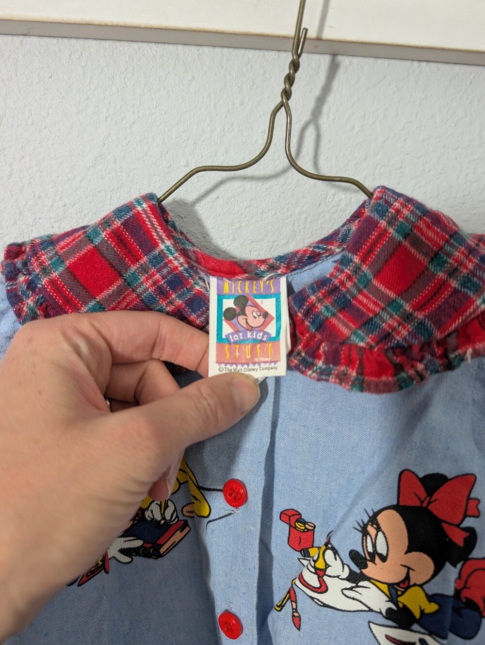 Vintage Mickey's Stuff Minnie and Mickey Art Plaid Collar Shirt Sz 12 mon - Picture 2 of 5